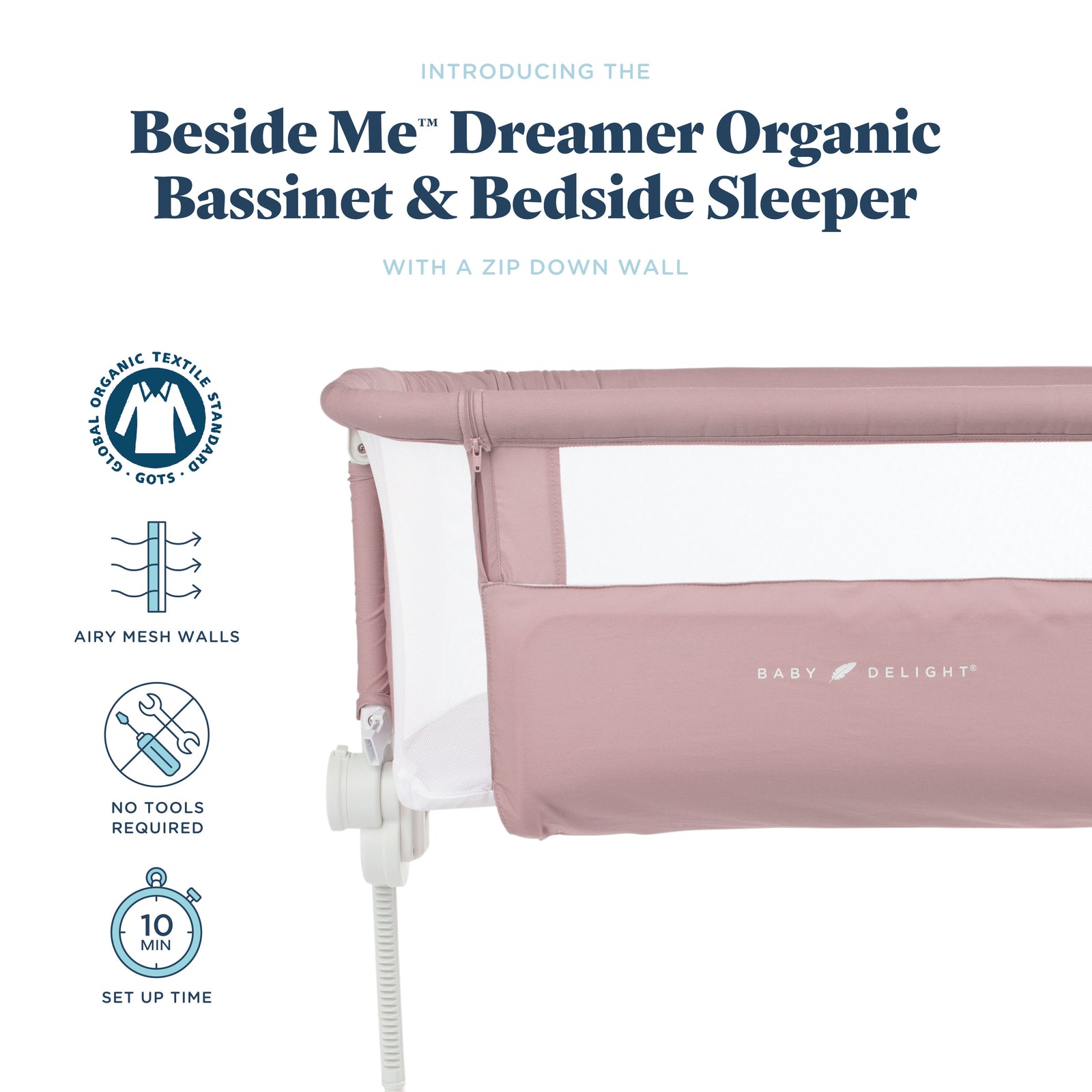 Beside Me Dreamer Organic Bassinet Bedside Sleeper Organic Rose Baby Delight